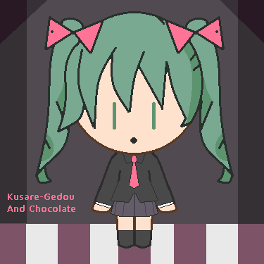 black_shirt, black_socks, bow, chibi, green_eyes, green_hair, hatsune_miku, kusare_gedou_to_chokorewito_(vocaloid)