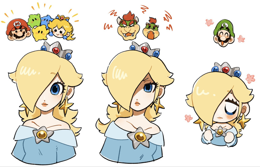 2girls, 4boys, bare_shoulders, blonde_hair, blue_dress, blue_eyes, blue_luma, blush