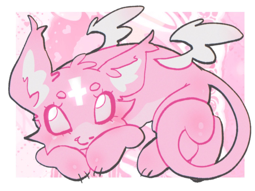 animal_focus, border, cat, closed_mouth, commentary, cross, english_commentary, fang, forehead_cross, full_body, heart, highres, looking_at_viewer, marshmallow_(mewgenics), mewgenics, no_humans, outside_border, pink_background, pink_eyes, pink_fur, rilovilya, smile, solo, white_border, white_wings, wings