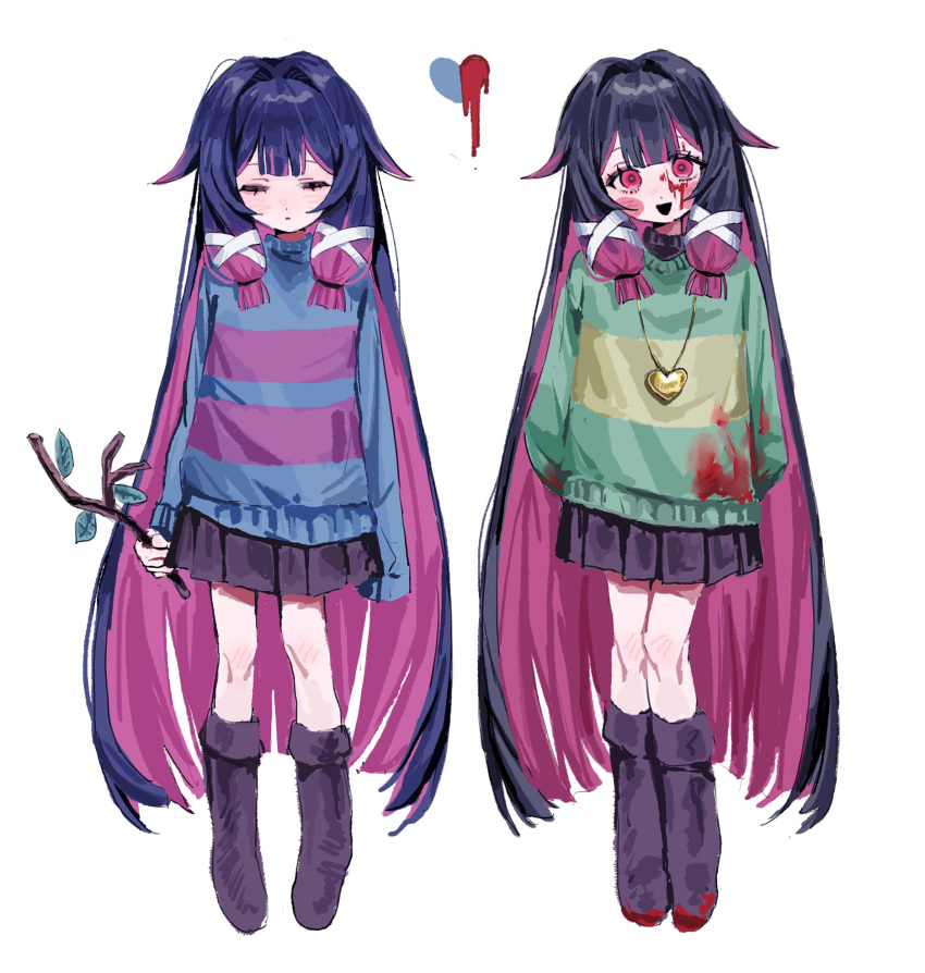 2girls, black_hair, blood, blood_on_clothes, blood_on_face, blood_on_shoes, blue_sweater, boots