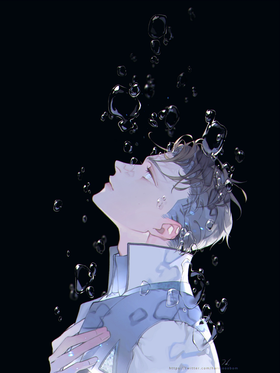 1boy, adam's_apple, air_bubble, black_background, blue_eyes, bubble, closed_mouth, collared_jacket