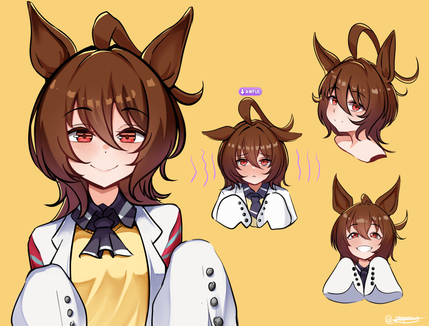 1girl, absurdres, agnes_tachyon_(tach-nology)_(umamusume), agnes_tachyon_(umamusume), ahoge, animal_ears, black_necktie, blush, breasts, brown_hair, closed_mouth, coat, commentary, english_commentary, grin, hair_between_eyes, highres, horse_ears, horse_girl, lab_coat, long_sleeves, medium_hair, necktie, open_mouth, panpanmc4, red_eyes, shirt, short_necktie, simple_background, sleeves_past_fingers, sleeves_past_wrists, smile, sweater, sweater_vest, teeth, umamusume, white_coat, wolf_cut, yellow_sweater, yellow_sweater_vest