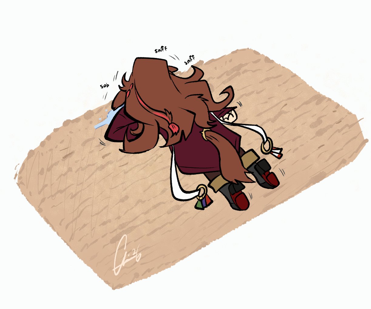 1girl, animal_ears, black_shoes, black_thighhighs, brown_hair, crying, ears_down, emeruga