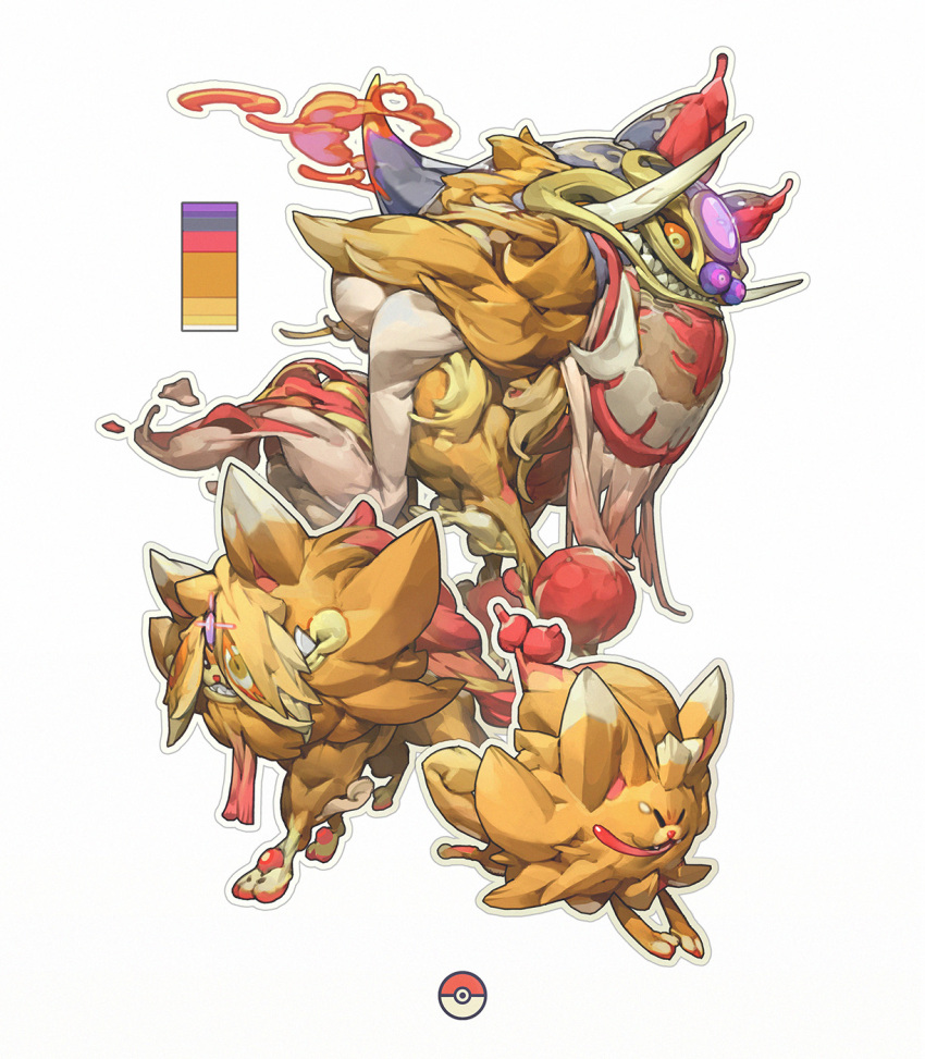 colored_sclera, evolutionary_line, fakemon, highres, no_humans, open_mouth, orange_fur, original