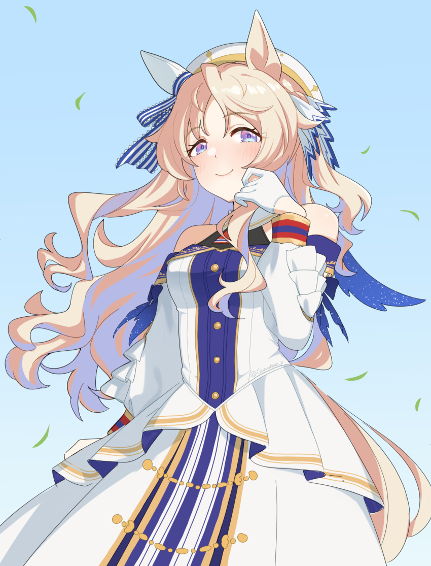 1girl, animal_ears, ascot, bare_shoulders, blonde_hair, blue_eyes, blush, breasts