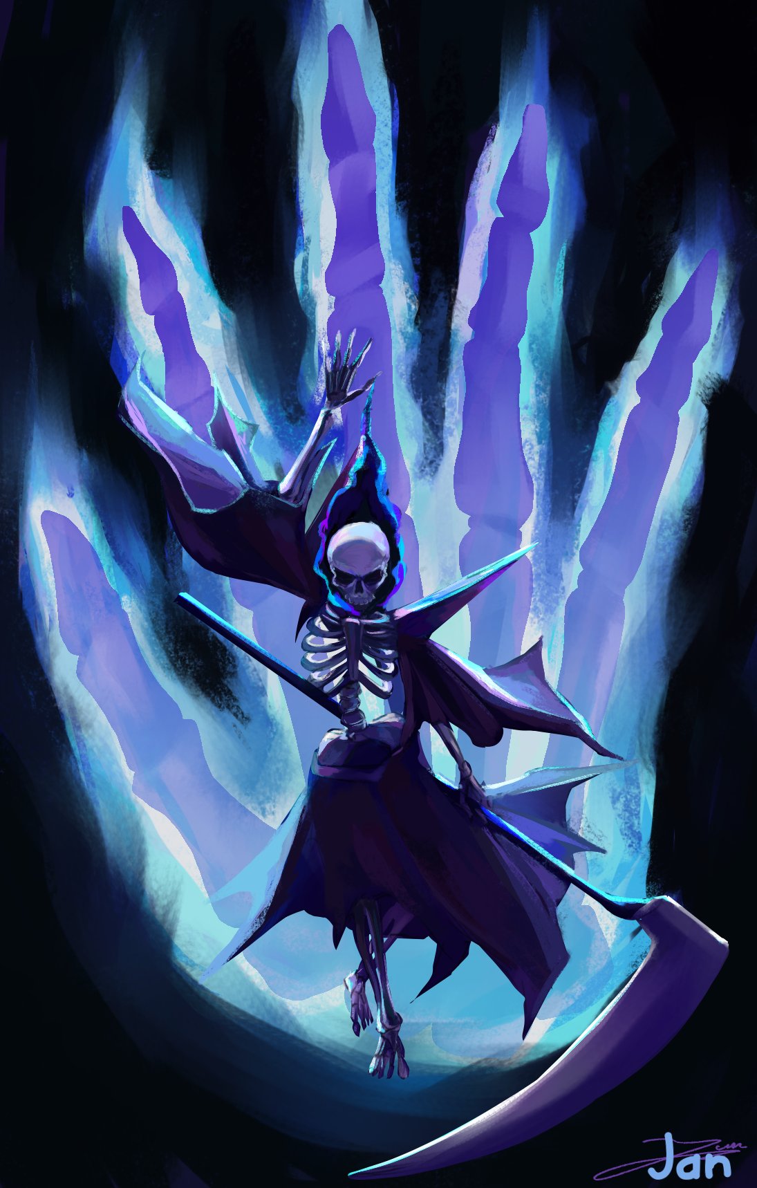 1girl, arm_up, artist_name, blue_fire, commentary, english_commentary, fire, flaming_head, full_body, highres, holding, holding_scythe, holding_weapon, jan215, long_sleeves, osty_(slay_the_spire), ribs, scythe, skeleton, skirt, skull, slay_the_spire, slay_the_spire_2, solo, the_necrobinder_(slay_the_spire), weapon