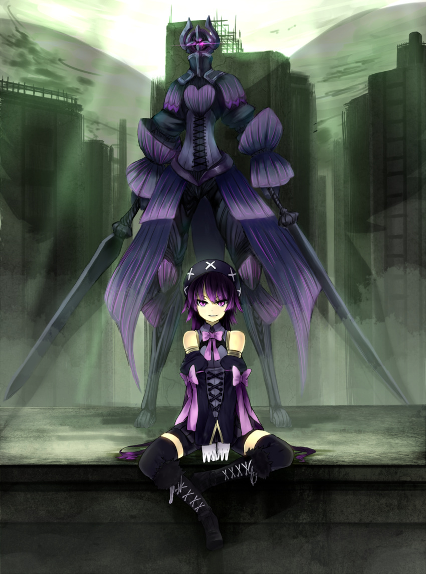 1girl, black_legwear, boots, bow, detached_sleeves, gloves, hat, highres