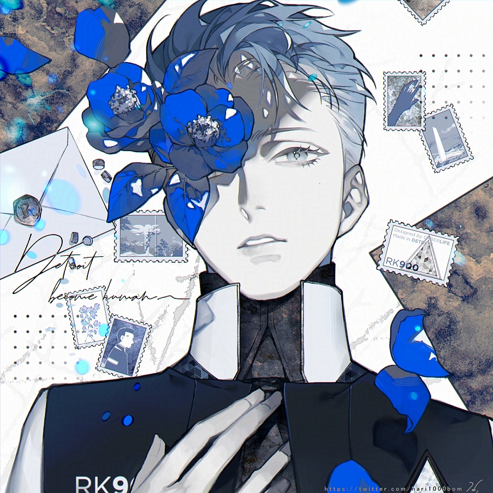 1boy, blue_eyes, blue_flower, blue_hair, collared_jacket, collared_shirt, commentary_request, copyright_name