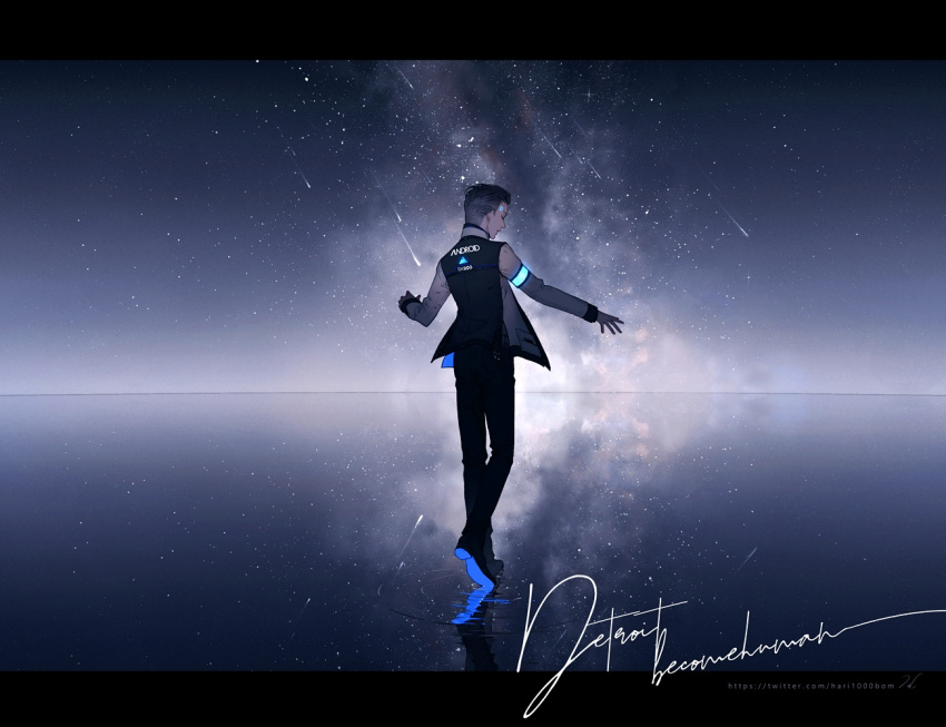 1boy, android, arm_up, armband, black_pants, blue_armband, closed_eyes, closed_mouth