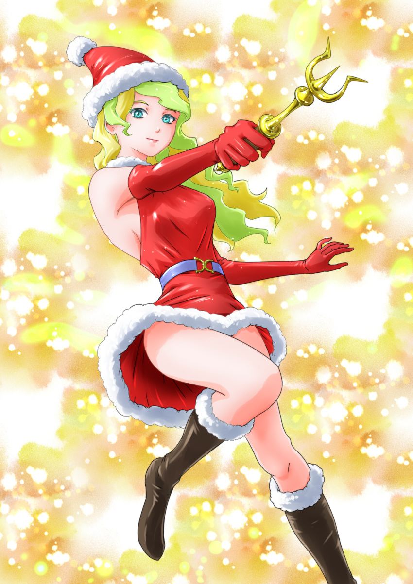 belt, blonde_hair, boots, breasts, brown_boots, christmas, diana_cavendish, dress, elbow_gloves, gloves, green_hair, hat, highres, holding, holding_wand, large_breasts, lips, little_witch_academia, long_hair, original, pink_lips, red_dress, red_gloves, santa_hat, sleeveless, sleeveless_dress, tsukahara_ukyou, wand, white_belt