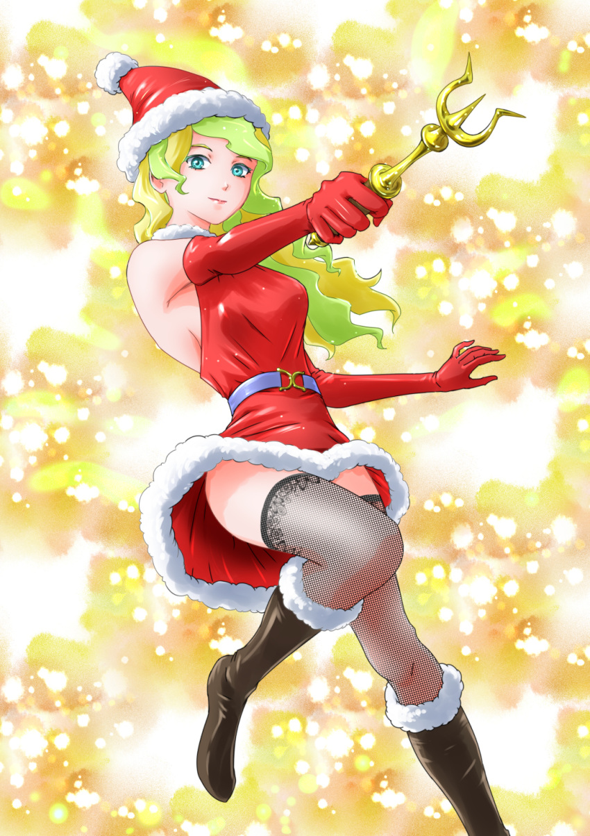 aqua_eyes, belt, black_thighhighs, blonde_hair, boots, breasts, brown_boots, christmas, diana_cavendish, dress, elbow_gloves, gloves, green_hair, hat, highres, holding, holding_wand, lace, lace_thighhighs, large_breasts, lips, little_witch_academia, long_hair, looking_at_viewer, original, pink_lips, red_dress, red_gloves, santa_hat, sleeveless, sleeveless_dress, thigh-highs, tsukahara_ukyou, wand, white_belt