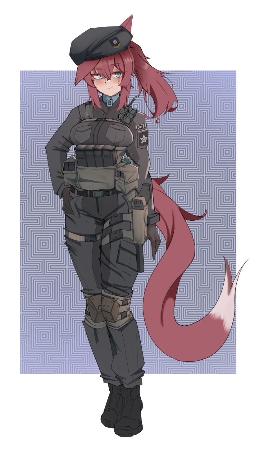1girl, absurdres, animal_ears, belt, belt_buckle, beret, blue_eyes, boots