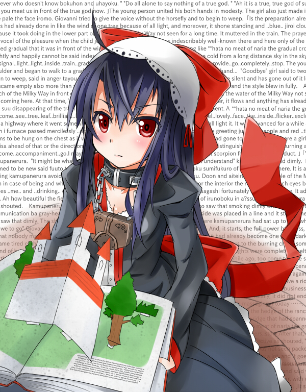 1girl, ahoge, black_hair, blush, bow, children's_book, collar, dalian