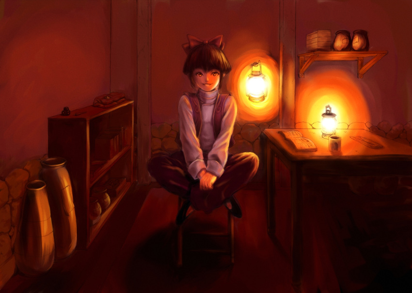 bow, brown_hair, chair, chiyoshi, hair_bow, highres, indian_style, lantern