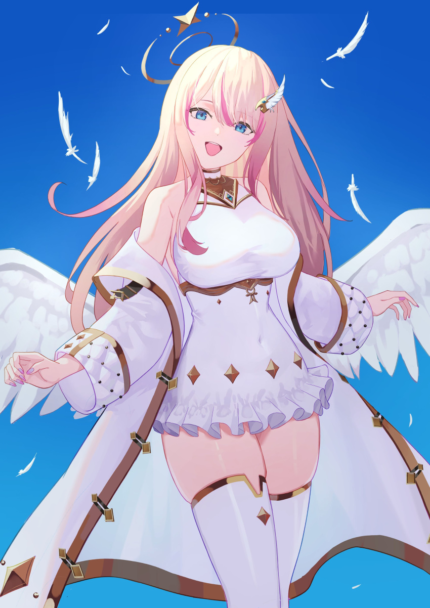 1girl, absurdres, angel, bare_shoulders, blonde_hair, blue_eyes, blue_sky, breasts