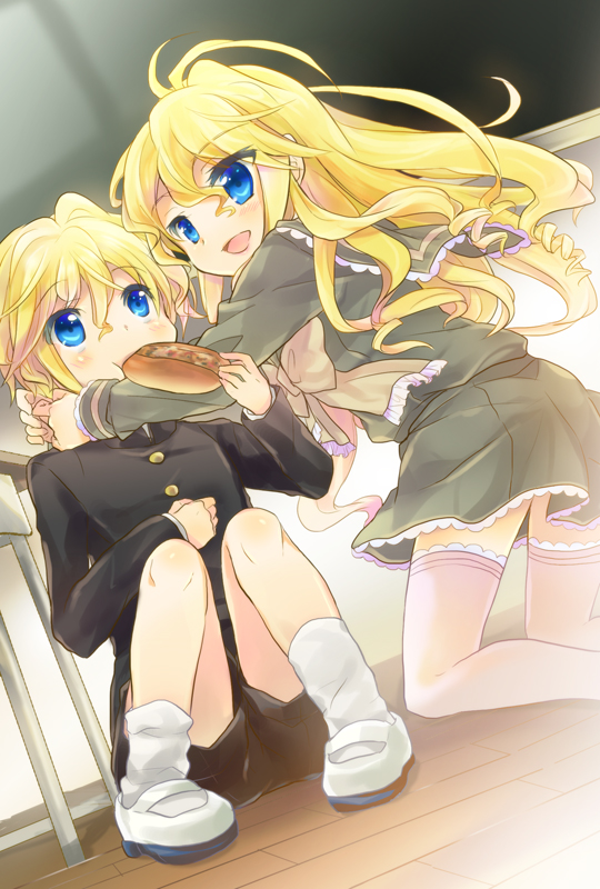 blonde_hair, blue_eyes, bread, bread_in_mouth, brother_and_sister, drill_hair, eating, food