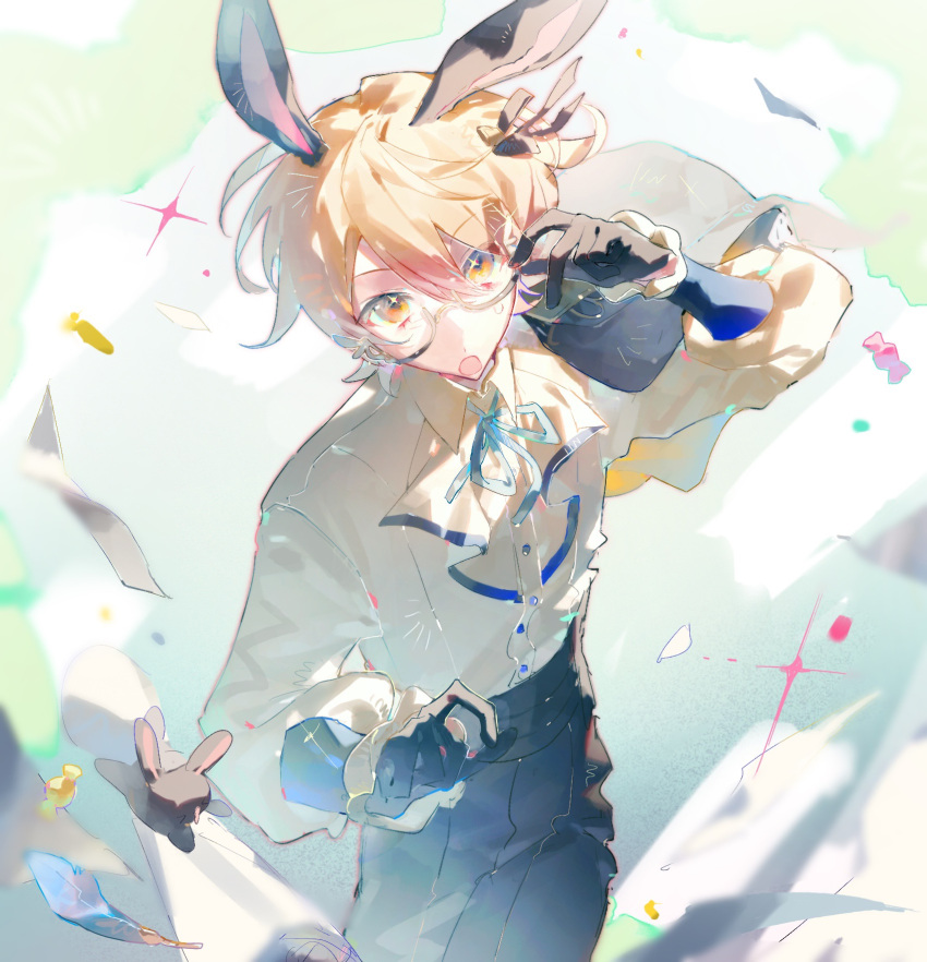 1boy, adjusting_eyewear, animal_ears, bishounen, black_gloves, black_pants, black_rabbit_(animal), black_ribbon