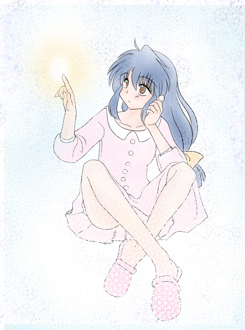 1girl, absurdres, blue_hair, brown_eyes, closed_mouth, collarbone, commentary_request, dress, full_body, highres, long_hair, nishikorana, pink_dress, pink_shoes, ranma_1/2, shoes, solo, tendou_akane