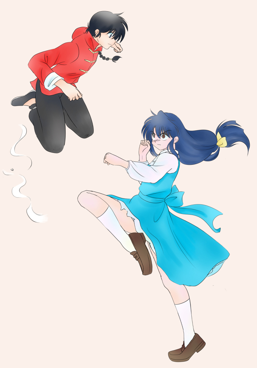 1boy, 1girl, black_hair, black_pants, black_shoes, blue_dress, blue_eyes, blue_hair, brown_shoes, chinese_clothes, closed_mouth, commentary_request, dress, fuurinkan_high_school_uniform, highres, jumping, leg_up, long_hair, nishikorana, pants, ranma_1/2, saotome_ranma, school_uniform, shoes, tendou_akane, v-shaped_eyebrows