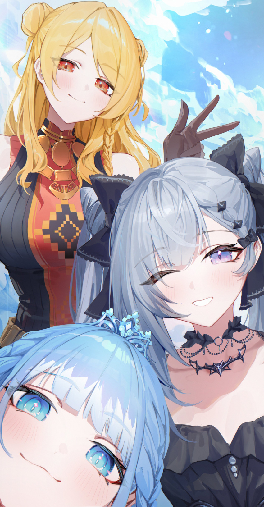 3girls, :3, ;d, absurdres, black_bow, black_gloves, black_sweater, blonde_hair, blue_eyes, blue_hair, blue_sky, bow, braid, braided_bangs, breasts, closed_mouth, clouds, commentary, cone_hair_bun, day, double_bun, english_commentary, fanged_bangs, gloves, gradient_hair, grey_hair, grin, hair_bow, hair_bun, hand_up, highres, holoh3roes, hololive, hololive_indonesia, kaela_kovalskia, kaela_kovalskia_(5th_costume), kobo_kanaeru, kobo_kanaeru_(5th_costume), large_breasts, long_hair, looking_at_viewer, multicolored_hair, multiple_girls, official_alternate_costume, one_eye_closed, outdoors, red_eyes, ribbed_sweater, side_braid, side_braids, sky, sleeveless, sleeveless_sweater, smile, sweater, swept_bangs, tiara, twintails, vestia_zeta, vestia_zeta_(5th_costume), virtual_youtuber, w, white_hair, yoellim5