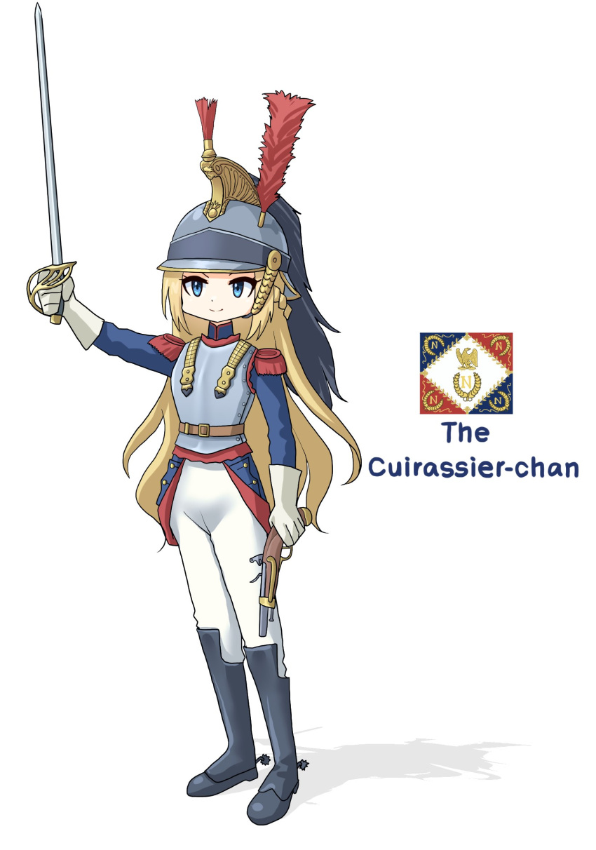 1girl, aiguillette, arm_up, armor, battle_standard, belt, blonde_hair, blue_eyes