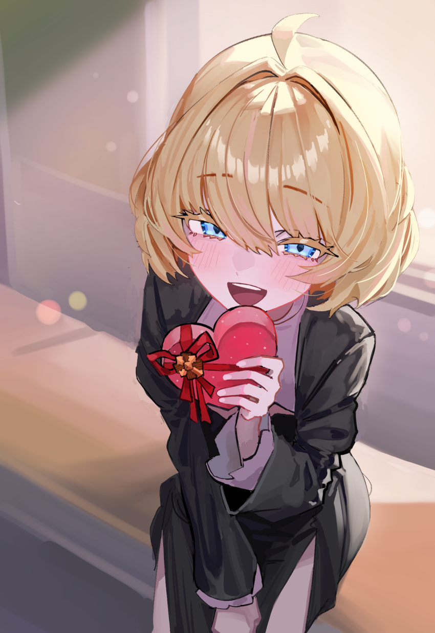 1boy, :d, ahoge, alternate_costume, black_dress, blue_eyes, blush, box