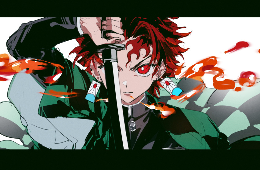 1boy, black_haori, black_jacket, bright_pupils, checkered_haori, chinese_commentary, commentary_request, curtained_hair