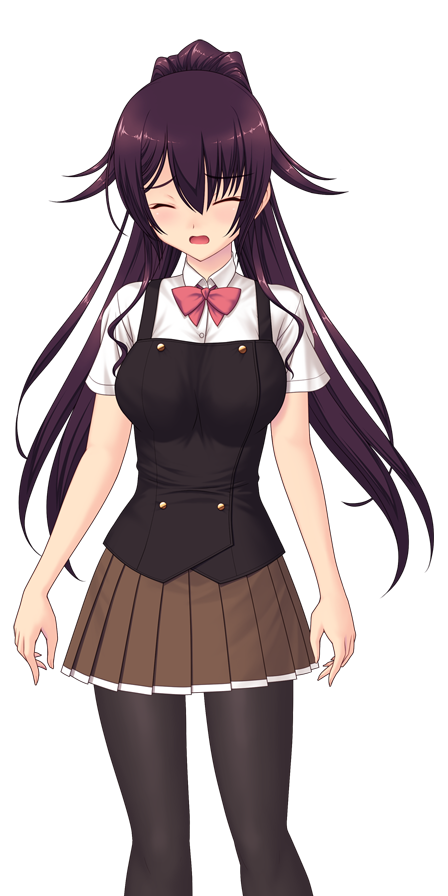 1girl, black_pantyhose, blush, bow, breasts, brown_skirt, closed_eyes, game_cg