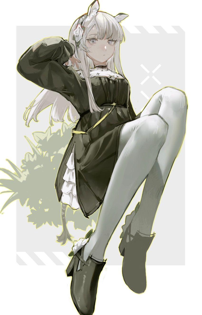 1girl, absurdres, animal_ears, arknights, black_dress, black_shoes, commentary, dress