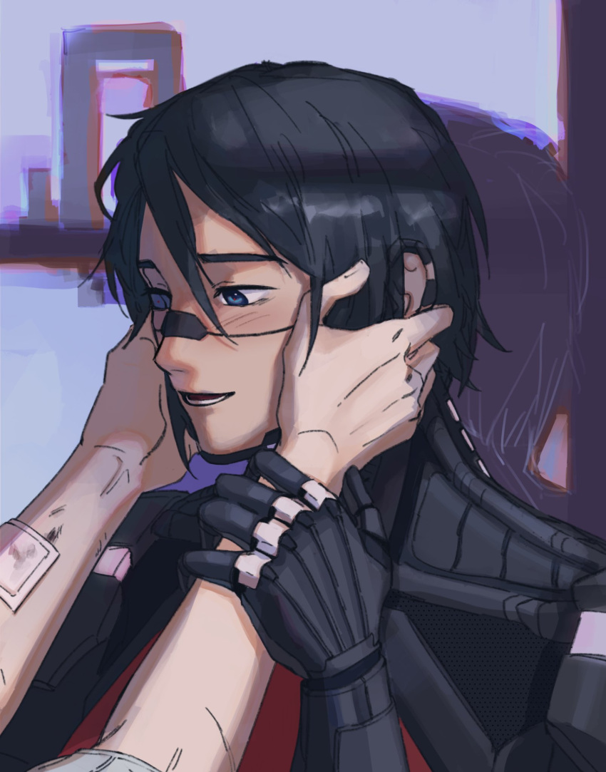 2girls, android, ariane_yeong, bandaid, bandaid_on_arm, black_hair, blue_eyes, commentary