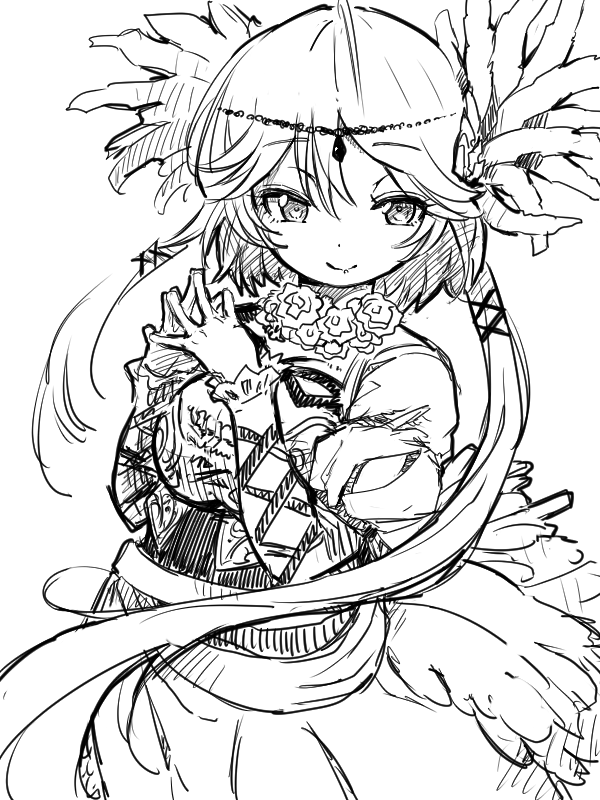 1girl, artistic_error, breasts, chaos_karen_(grimms_notes), closed_mouth, greyscale, grimms_notes, hair_between_eyes
