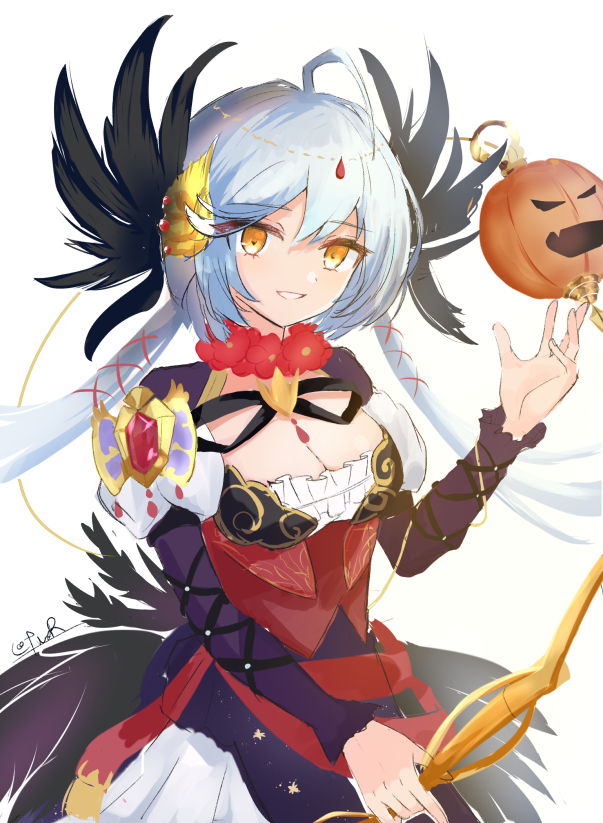 1girl, black_wings, bow_(weapon), breasts, chaos_karen_(grimms_notes), gem, grey_hair, grimms_notes