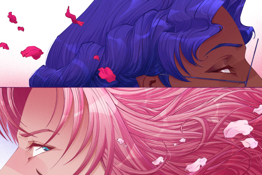2girls, bailierosenlund, blue_eyes, blush, brown_eyes, close-up, commentary, dark-skinned_female, dark_skin, english_commentary, eyelashes, film_grain, flower, glasses, gradient_background, hair_up, highres, himemiya_anthy, long_hair, looking_to_the_side, multiple_girls, petals, pink_background, pink_hair, pink_petals, profile, purple-framed_eyewear, purple_background, purple_hair, red_petals, rose_petals, round_eyewear, shoujo_kakumei_utena, simple_background, tenjou_utena, white_background, wind, yuri