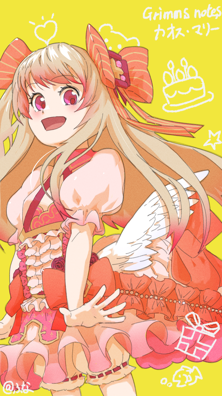 1girl, blonde_hair, bloomers, chaos_marie_(grimms_notes), character_name, copyright_name, cowboy_shot, funa_(funako), grimms_notes, hair_ribbon, highres, light_blush, long_hair, looking_at_viewer, open_hands, open_mouth, pink_eyes, pink_ribbon, ribbon, smile, solo, standing, underwear, white_bloomers, white_wings, wings, yellow_background