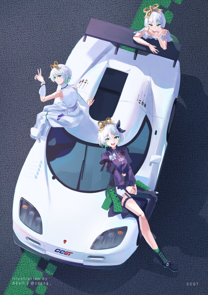 3girls, absurdres, asymmetrical_clothes, black_boots, black_bow, black_ribbon, black_shirt, boots, bow, braid, car, cecilia_immergreen, colored_inner_hair, green_hair, hair_ribbon, highres, hololive, hololive_english, italian_flag, koenigsegg_(automobile), koenigsegg_ccx, looking_at_viewer, motor_vehicle, multicolored_hair, multiple_girls, multiple_persona, off-shoulder_shirt, off_shoulder, pants, race_vehicle, racecar, ribbon, shirt, single_pantsleg, smile, spoiler_(automobile), sports_car, sweatpants, swedish_flag, thigh_strap, v, vehicle_focus, virtual_youtuber, white_bow, white_car, white_pants, white_shirt, zull