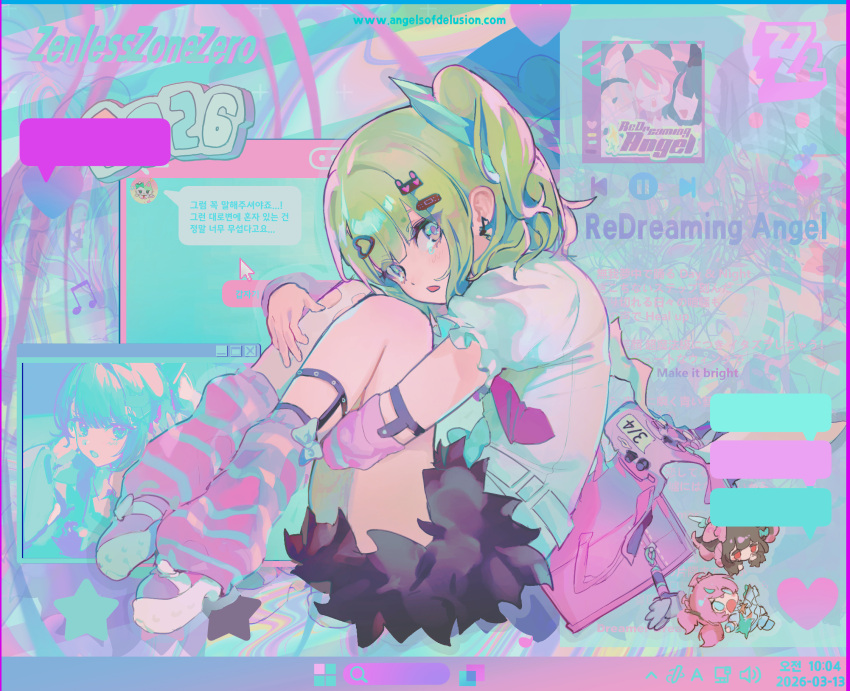 1girl, ankle_strap, arm_warmers, backpack, bag, bandaid, bandaid_hair_ornament, bandaid_on_leg