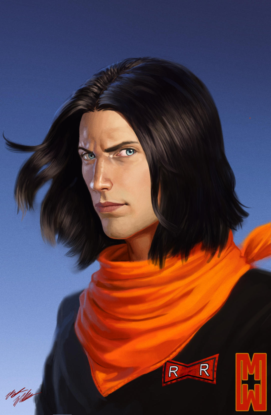 1boy, android_17, artist_logo, bandana, bandana_around_neck, black_eyes, black_hair, black_shirt, blue_eyes, closed_mouth, commentary, cyborg, dragon_ball, dragon_ball_z, english_commentary, highres, logo, looking_at_viewer, male_focus, orange_bandana, realistic, red_ribbon_army, schneekatze09, shirt, short_hair, signature, simple_background, solo