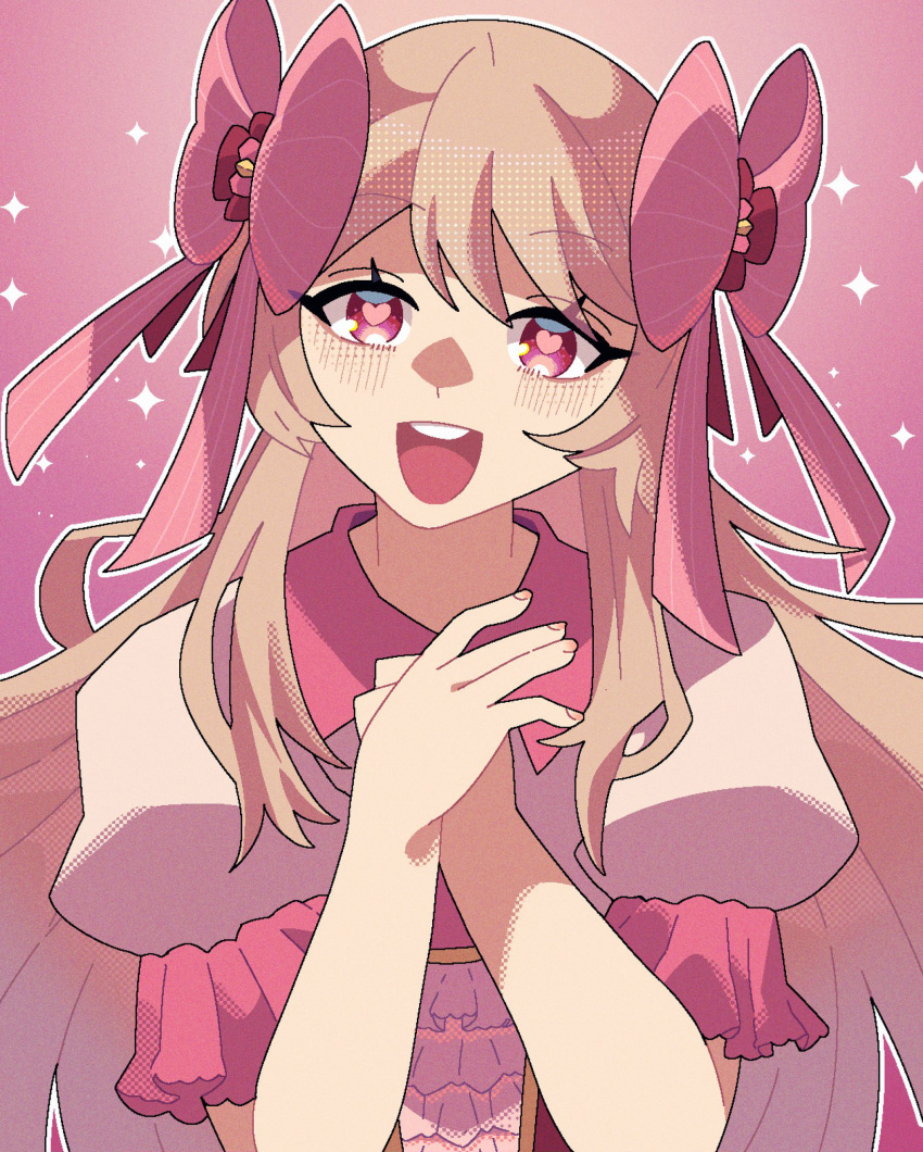 1girl, bad_id, bad_twitter_id, blonde_hair, chaos_marie_(grimms_notes), fingernails, fumafuma735, grimms_notes, hair_between_eyes, hair_ribbon, hands_up, heart, heart-shaped_pupils, highres, looking_at_viewer, open_mouth, pink_eyes, pink_ribbon, puffy_short_sleeves, puffy_sleeves, ribbon, short_sleeves, smile, solo, sparkle, symbol-shaped_pupils, teeth, tongue, upper_teeth_only
