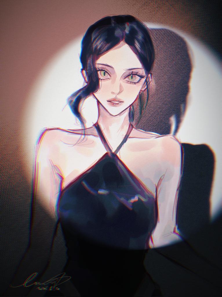 1girl, aespa, black_dress, black_hair, breasts, chromatic_aberration, collarbone, dress