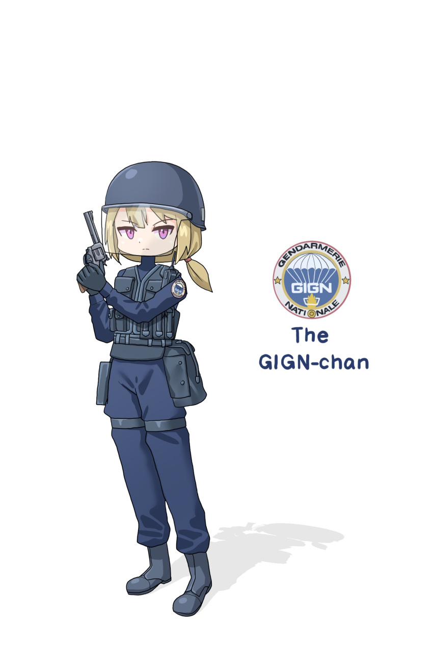 1girl, badge, belt, belt_pouch, black_gloves, blonde_hair, blue_jumpsuit, boots
