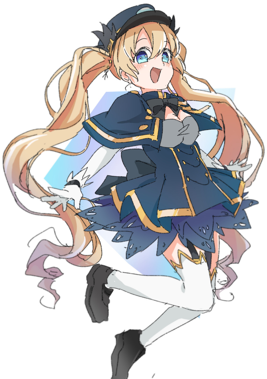 1girl, black_shoes, blonde_hair, blue_capelet, blue_hat, buttons, capelet, chaos_gerda_(gakuen)_(grimms_notes)