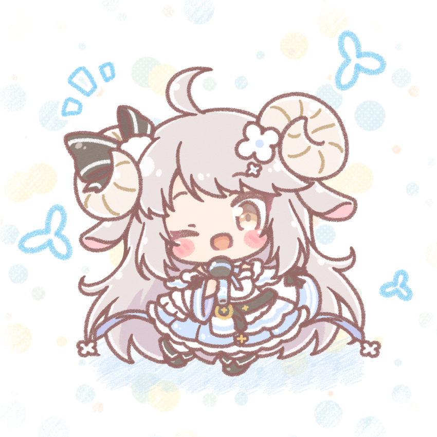 1girl, ;d, ahoge, animal_ears, black_boots, black_bow, blue_skirt, blush_stickers, boots, bow, brown_eyes, chibi, colored_shadow, commentary_request, commission, dress, fold-over_boots, grey_hair, hibiya_tsubasa, highres, holding, holding_microphone, horns, indie_virtual_youtuber, long_hair, long_sleeves, microphone, mitarashi_neko, one_eye_closed, pixiv_commission, pleated_skirt, shadow, sheep_ears, sheep_girl, sheep_horns, skirt, smile, solo, standing, standing_on_one_leg, very_long_hair, virtual_youtuber, white_background, white_dress, wide_sleeves