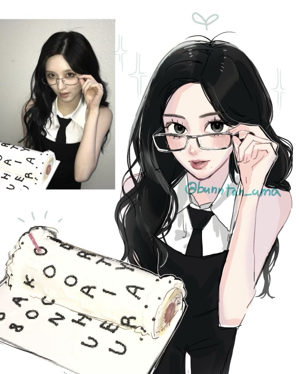 1girl, adjusting_eyewear, black_hair, black_necktie, blush, cake, collared_shirt, cowlick, food, gaeul_(ive), glasses, hand_on_eyewear, holding, holding_cake, holding_food, ive_(group), k-pop, mole_under_lips, necktie, overalls, parted_lips, photo-referenced, photo_inset, pink_lips, real_lie, real_life, shirt, simple_background, solo, twitter_username, ugami, white_background, white_shirt