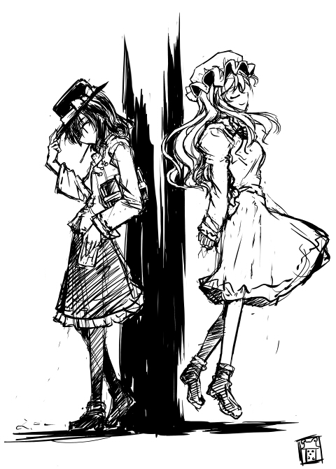 2girls, adjusting_clothes, adjusting_headwear, black_hat, black_shoes, black_skirt, book, closed_eyes