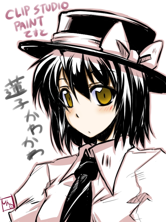 black_hair, black_hat, black_necktie, blush, bow, clip_studio_paint_(medium), closed_mouth, collared_shirt