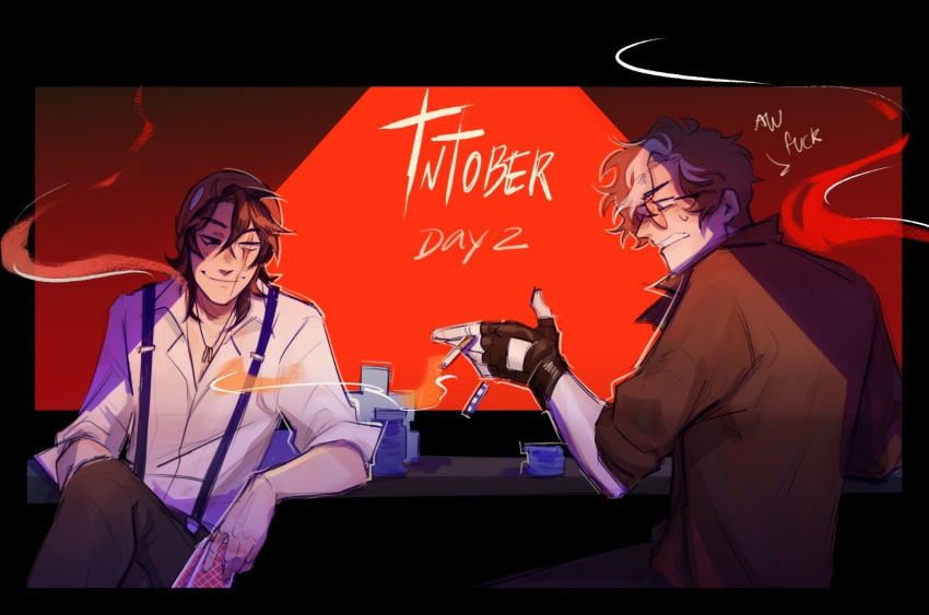 2boys, alcohol, animification, beanie, black_border, black_eyes, black_hair, border