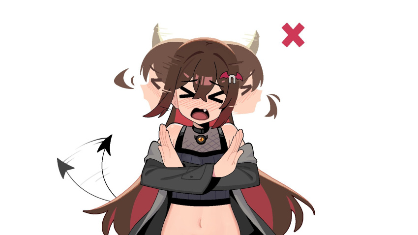 >_<, 1girl, afterimage, black_choker, blush, brown_hair, choker, commentary