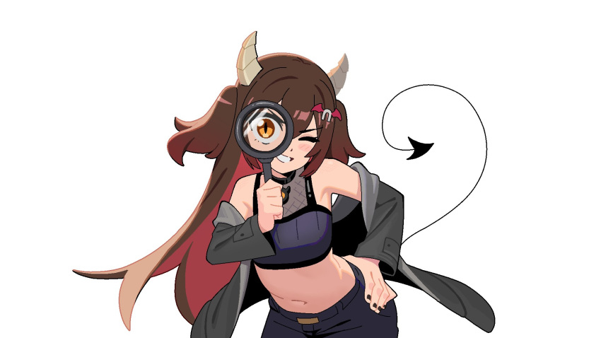 >:), 1girl, black_shorts, brown_hair, commentary, cowboy_shot, crop_top, demon_tail