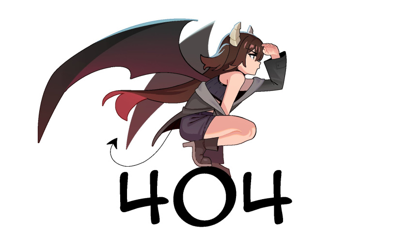 1girl, 404, bat_wings, black_shorts, boots, brown_boots, brown_hair, commentary