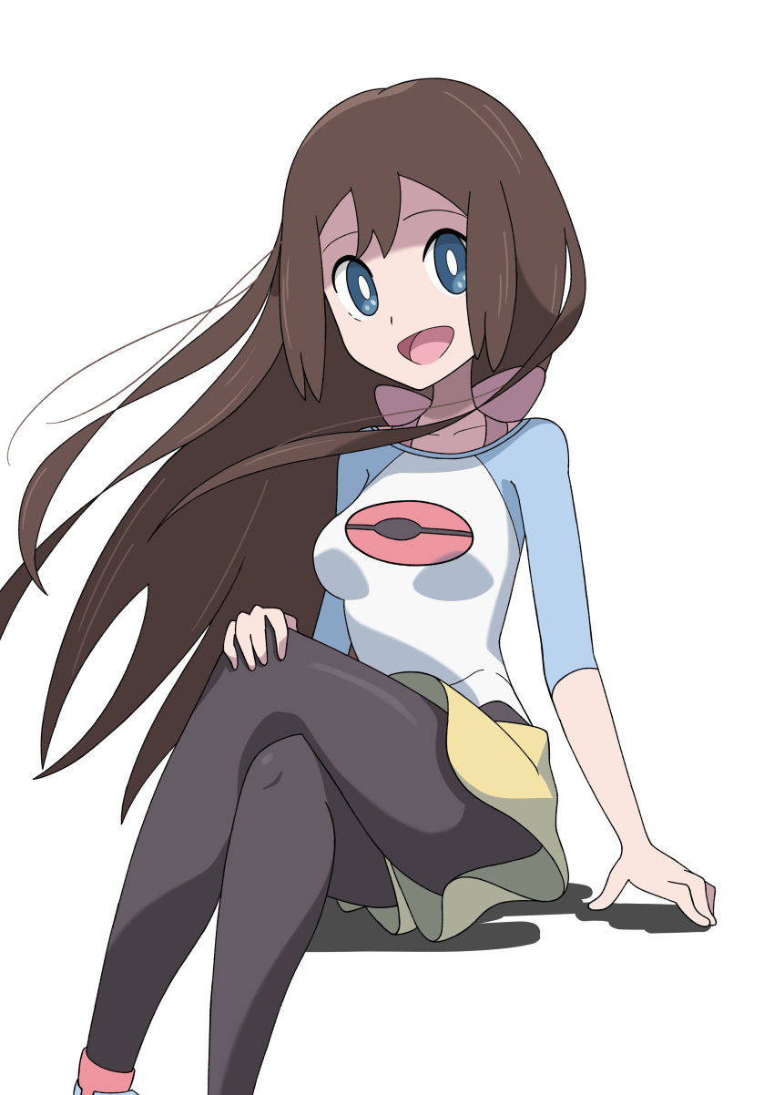 1girl, absurdres, araki_megami, black_pantyhose, blue_eyes, blue_sleeves, bow, breasts, brown_hair, crossed_legs, floating_hair, foot_out_of_frame, hand_on_own_knee, highres, invisible_chair, open_mouth, pantyhose, pantyhose_under_shorts, pink_bow, poke_ball_print, pokemon, pokemon_bw2, print_shirt, raglan_sleeves, rosa_(pokemon), shirt, short_shorts, shorts, simple_background, sitting, small_breasts, solo, white_background, white_shirt, yellow_shorts